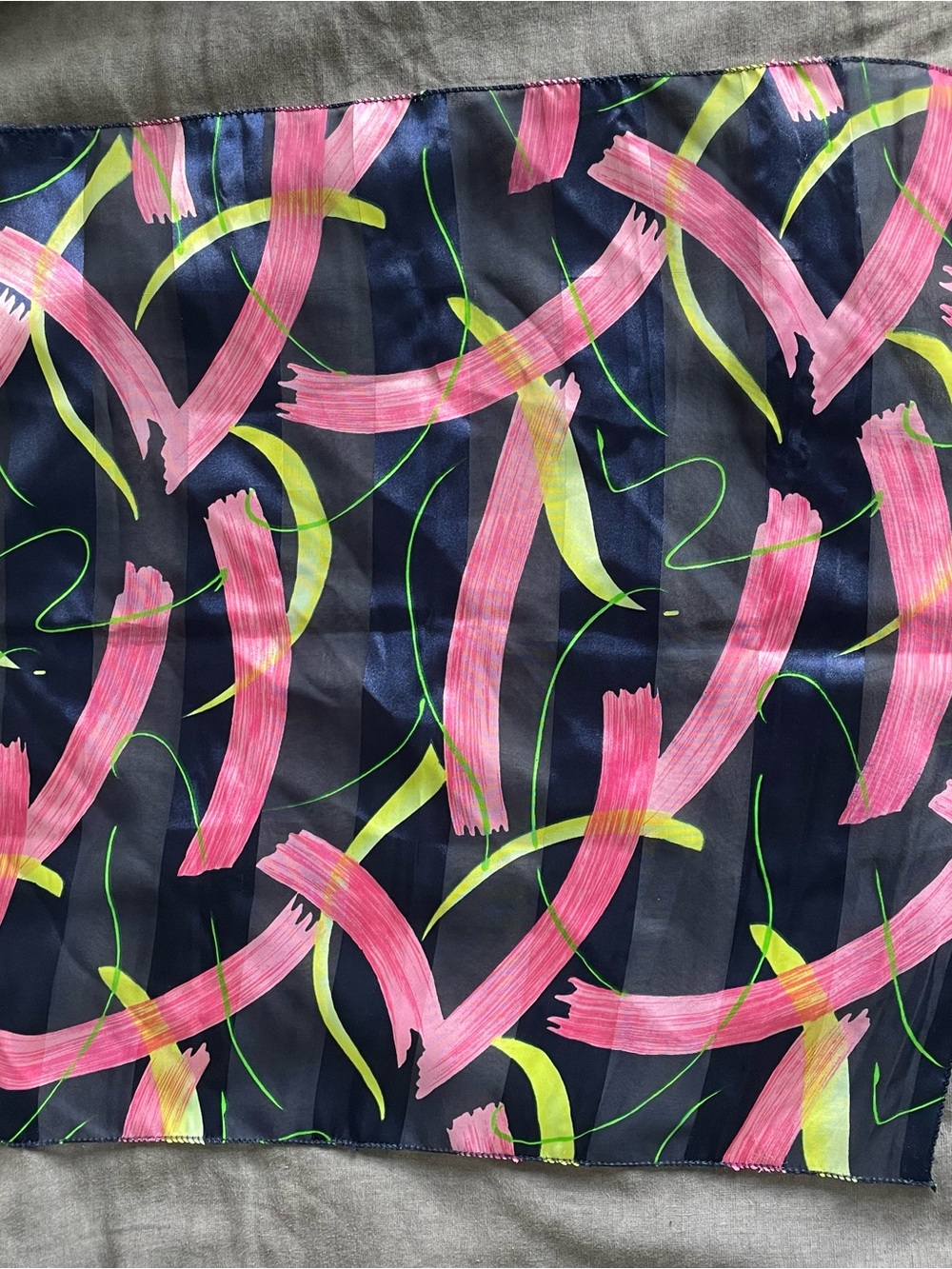 Vintage 90s Navy Satin Scarf with Pink Brushstroke & Neon Green Accents
